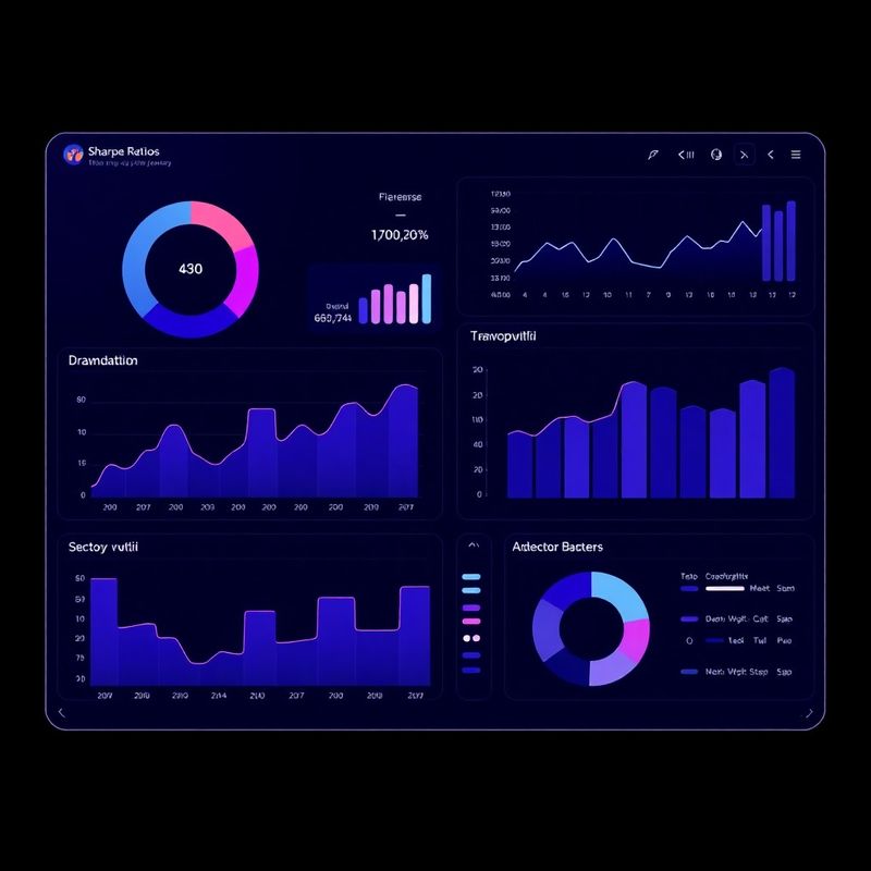 Multi-panelový analytický dashboard s ukazovateľmi Sharpe ratio a drawdown